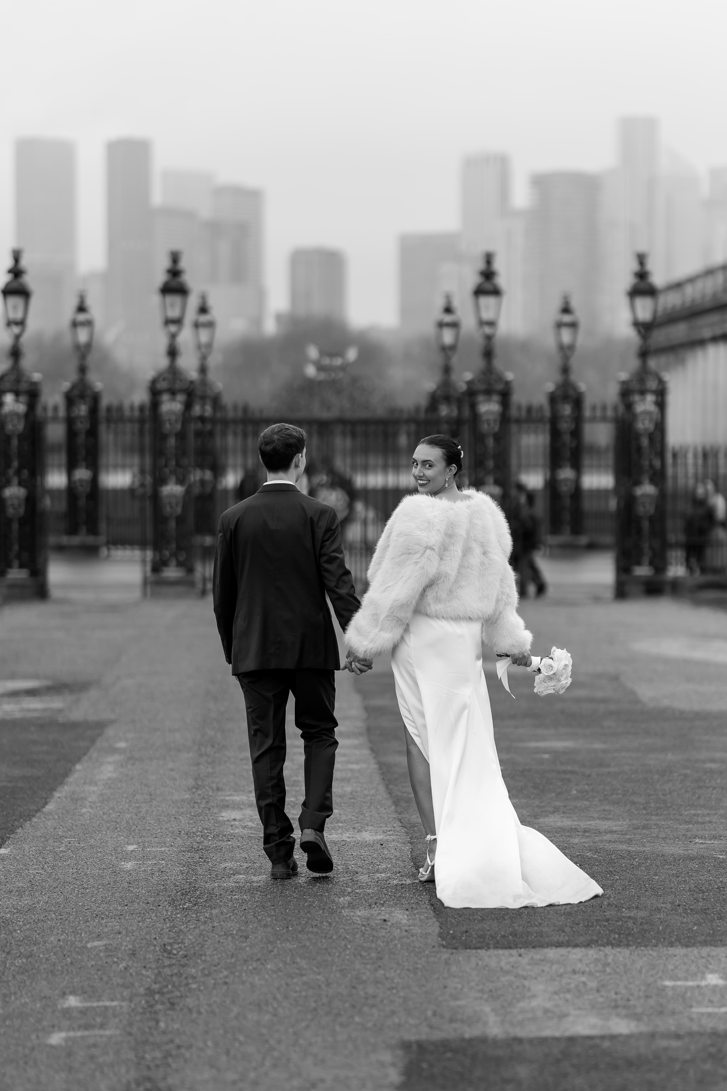 Black and white wedding photography showing city view from The Queen's House in Greenwich