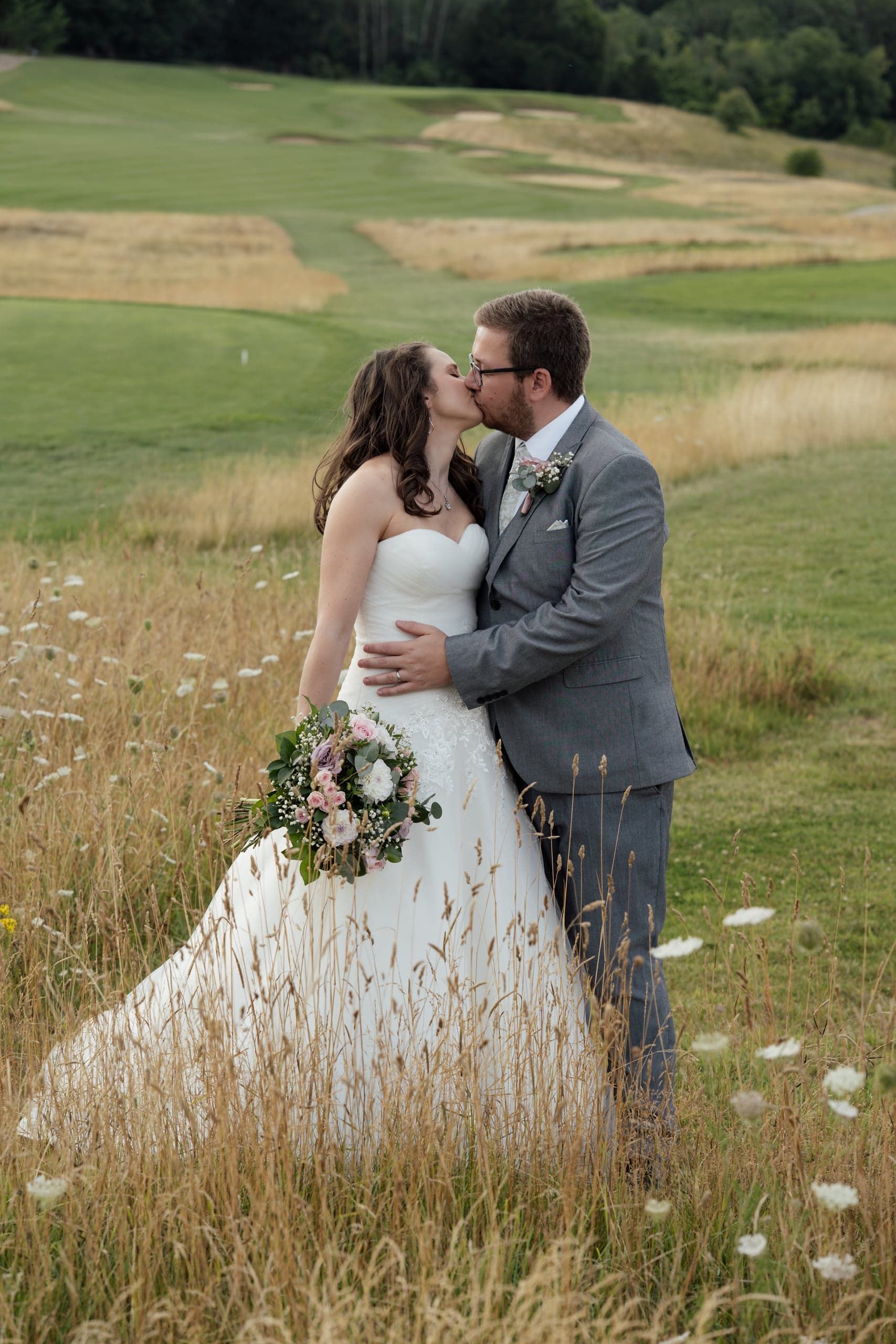Beautiful wedding bouquet arranged in car, showcasing romantic floral details