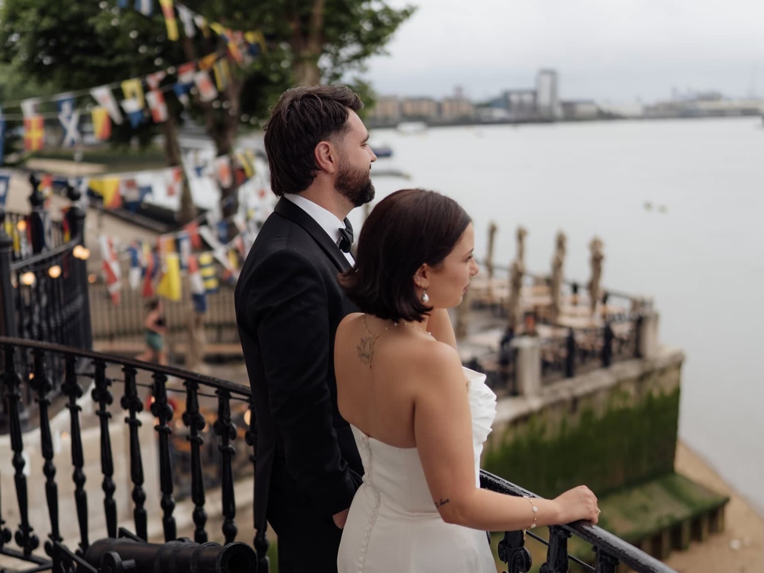 Couple on the iconic Trafalgar Tavern balcony