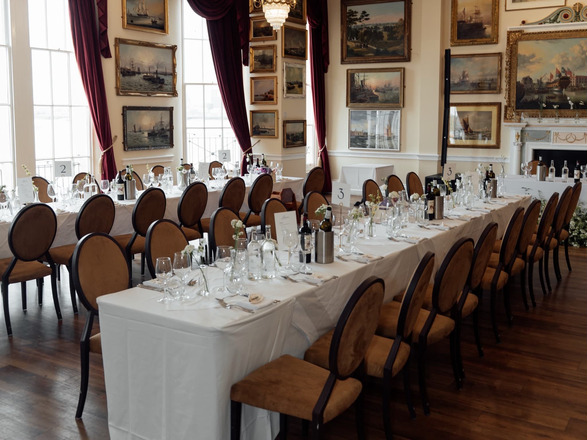 Wedding breakfast table details in a historic reception room at The Trafalgar Tavern