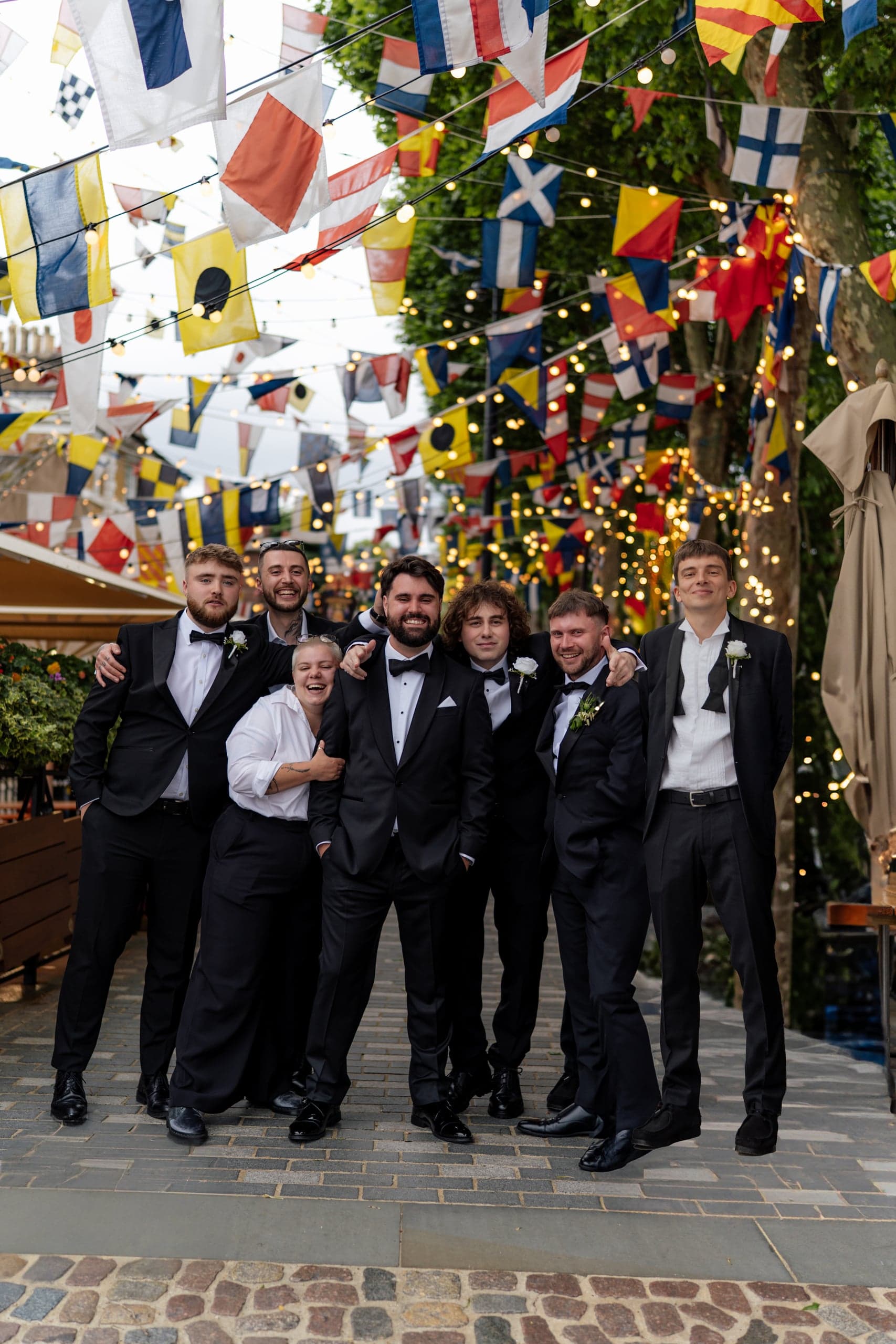 Jamie and his groomsmen outside the Trafalgar Tavern before the ceremony
