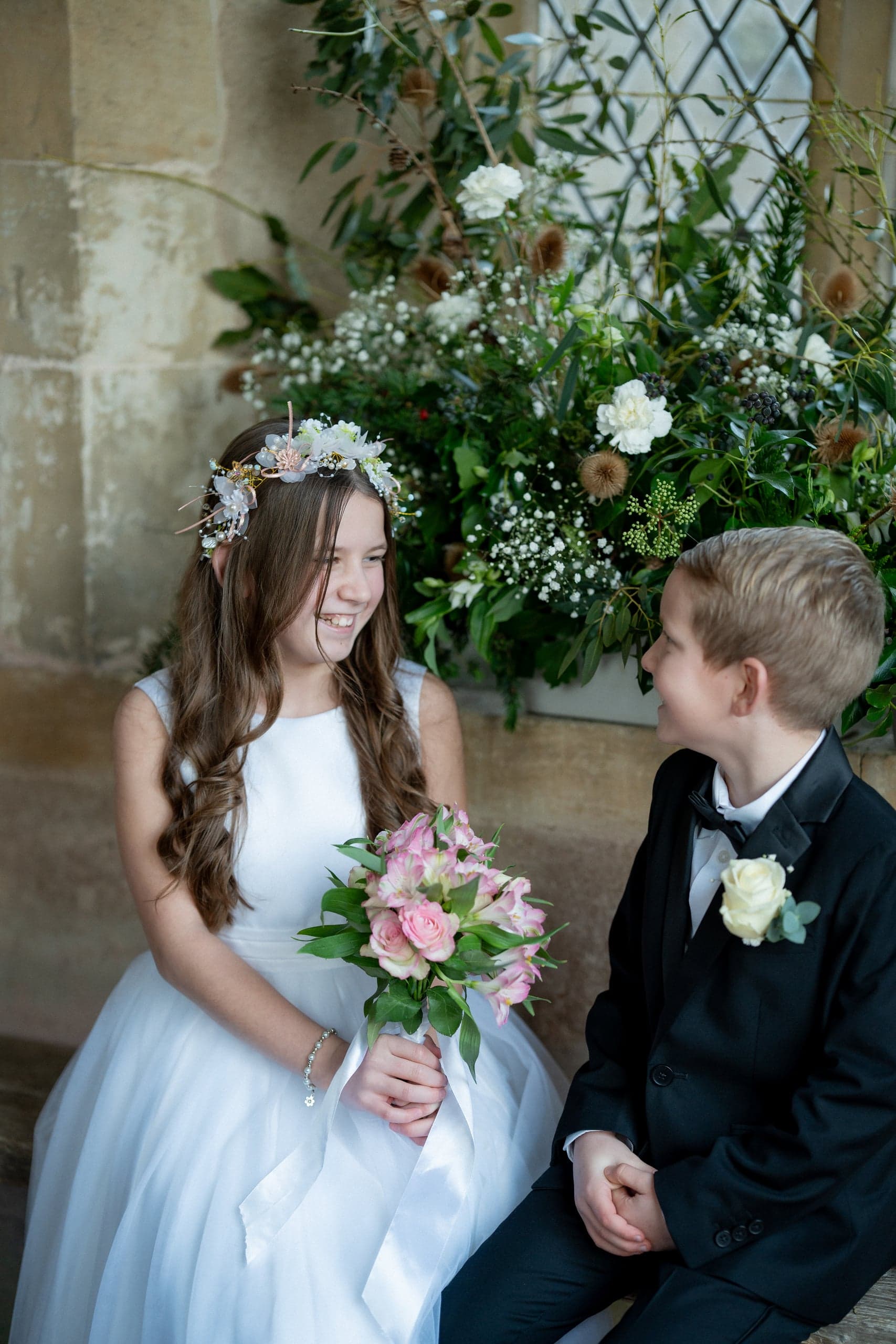 Wedding party outside church after ceremony